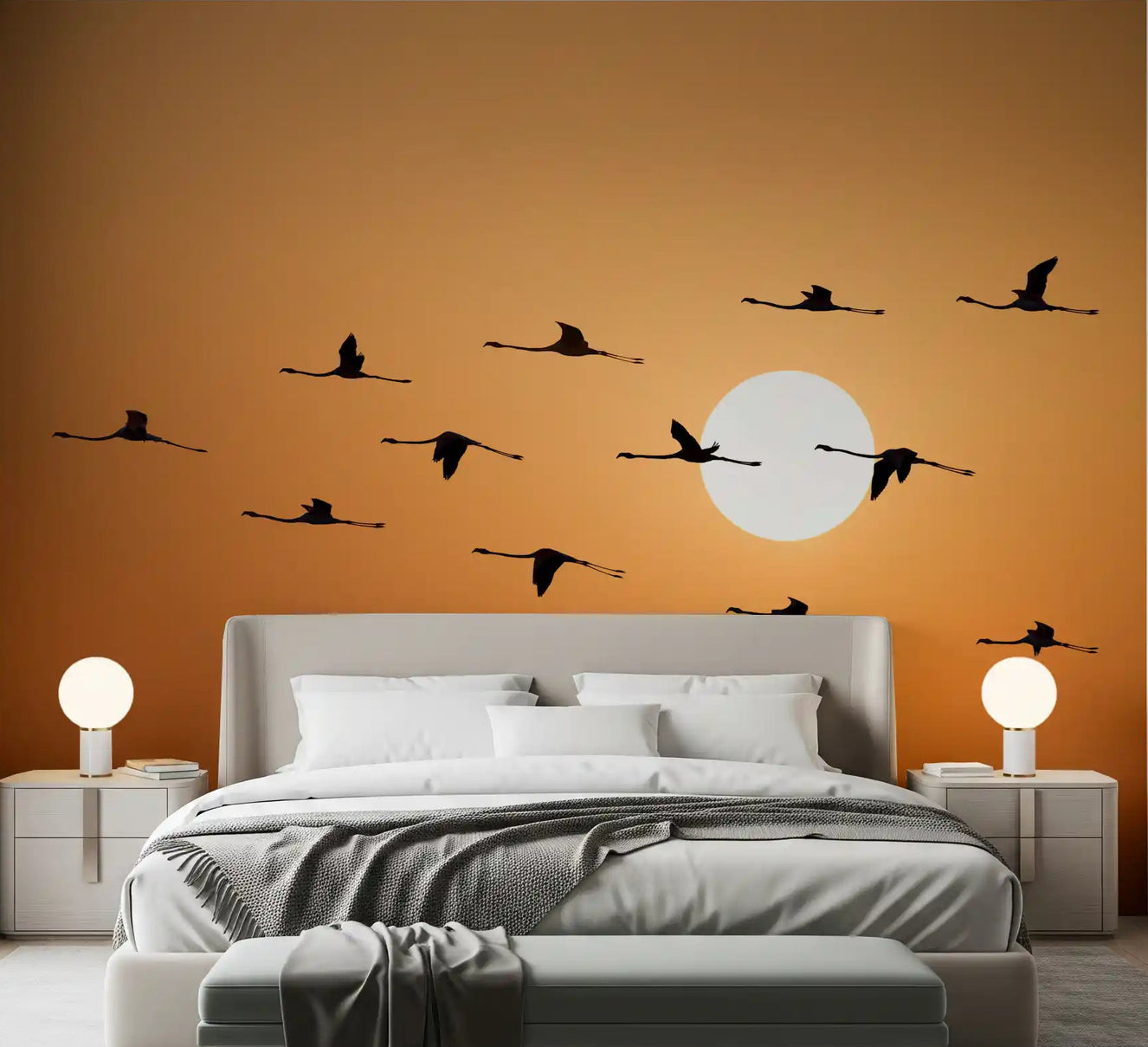 Golden horizon flock mural featured on a bedroom accent wall.