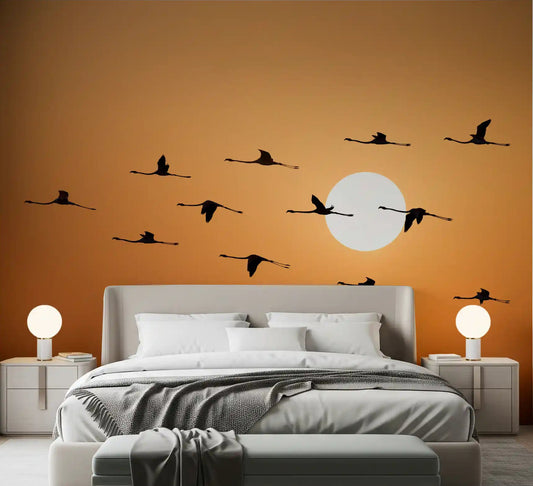 Golden horizon flock mural featured on a bedroom accent wall.