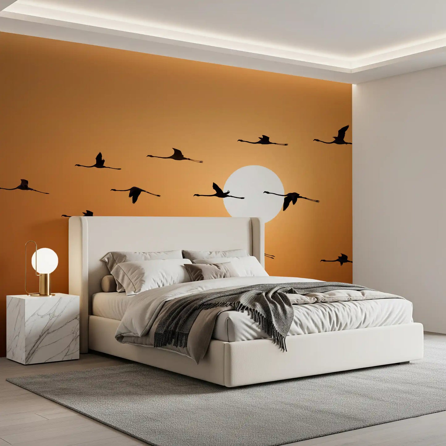 Golden horizon flock flamingo wall mural with sunset gradient in bedroom., GD10459