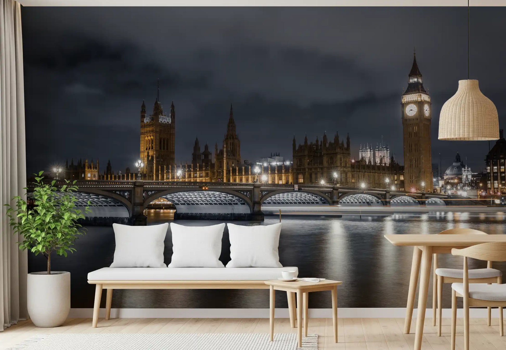 Big Ben clock tower against dark grey sky in illuminated majesty mural., GD10460