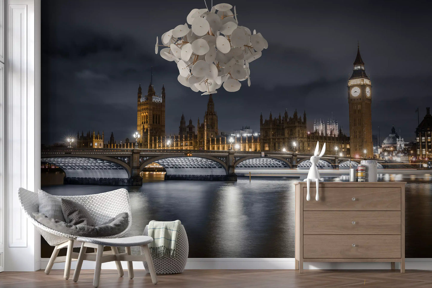 Illuminated majesty wall mural with Palace of Westminster lit in gold tones., GD10460