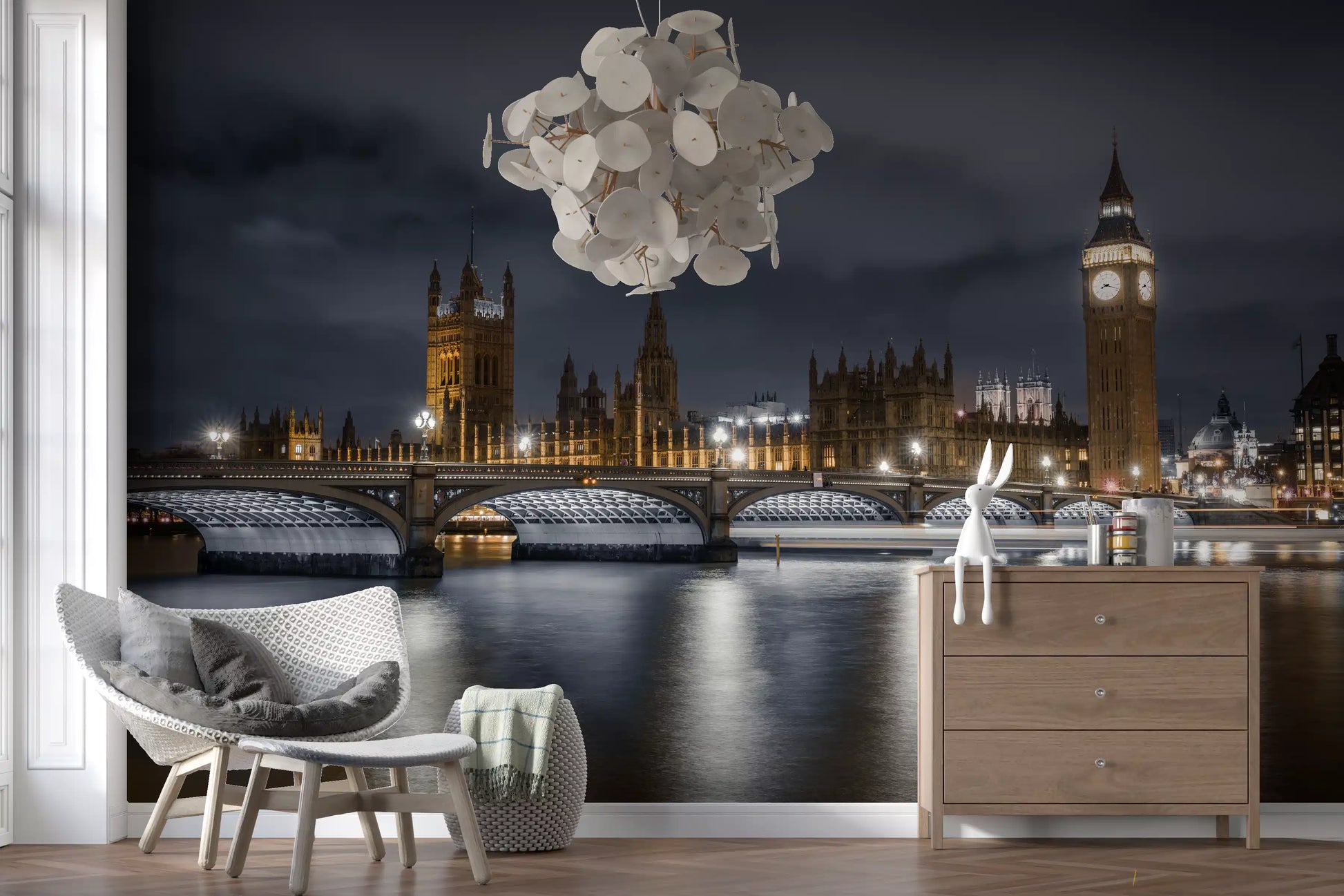 Illuminated majesty wall mural with Palace of Westminster lit in gold tones., GD10460