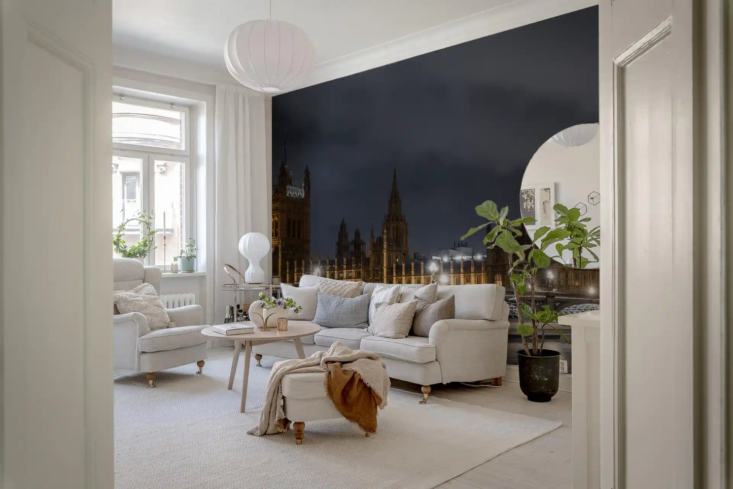 London night wall mural with Gothic architecture and warm street lamps in living area., GD10460