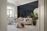 London night wall mural with Gothic architecture and warm street lamps in living area., GD10460
