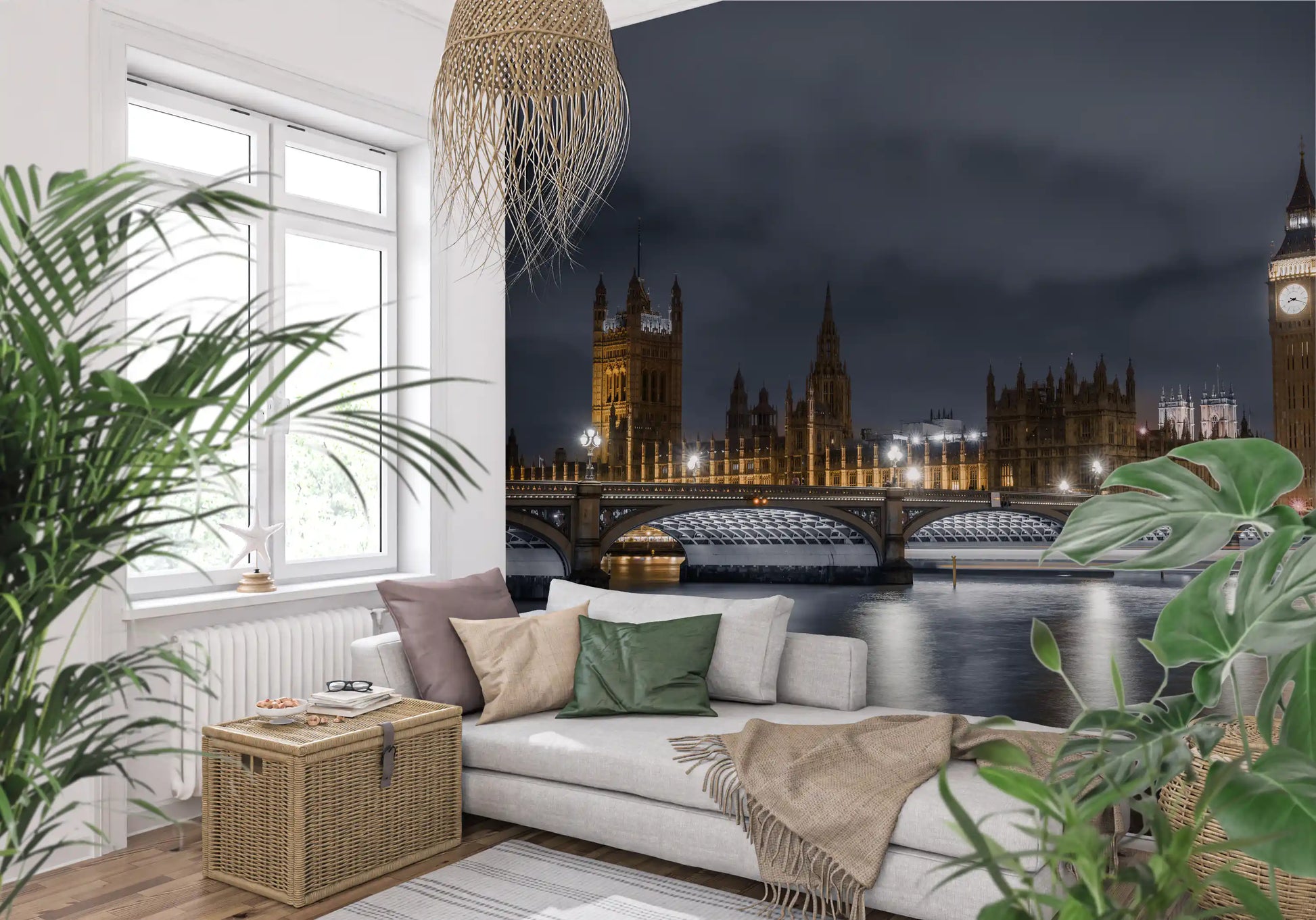 Thames river reflections of golden lights in London cityscape wall mural., GD10460