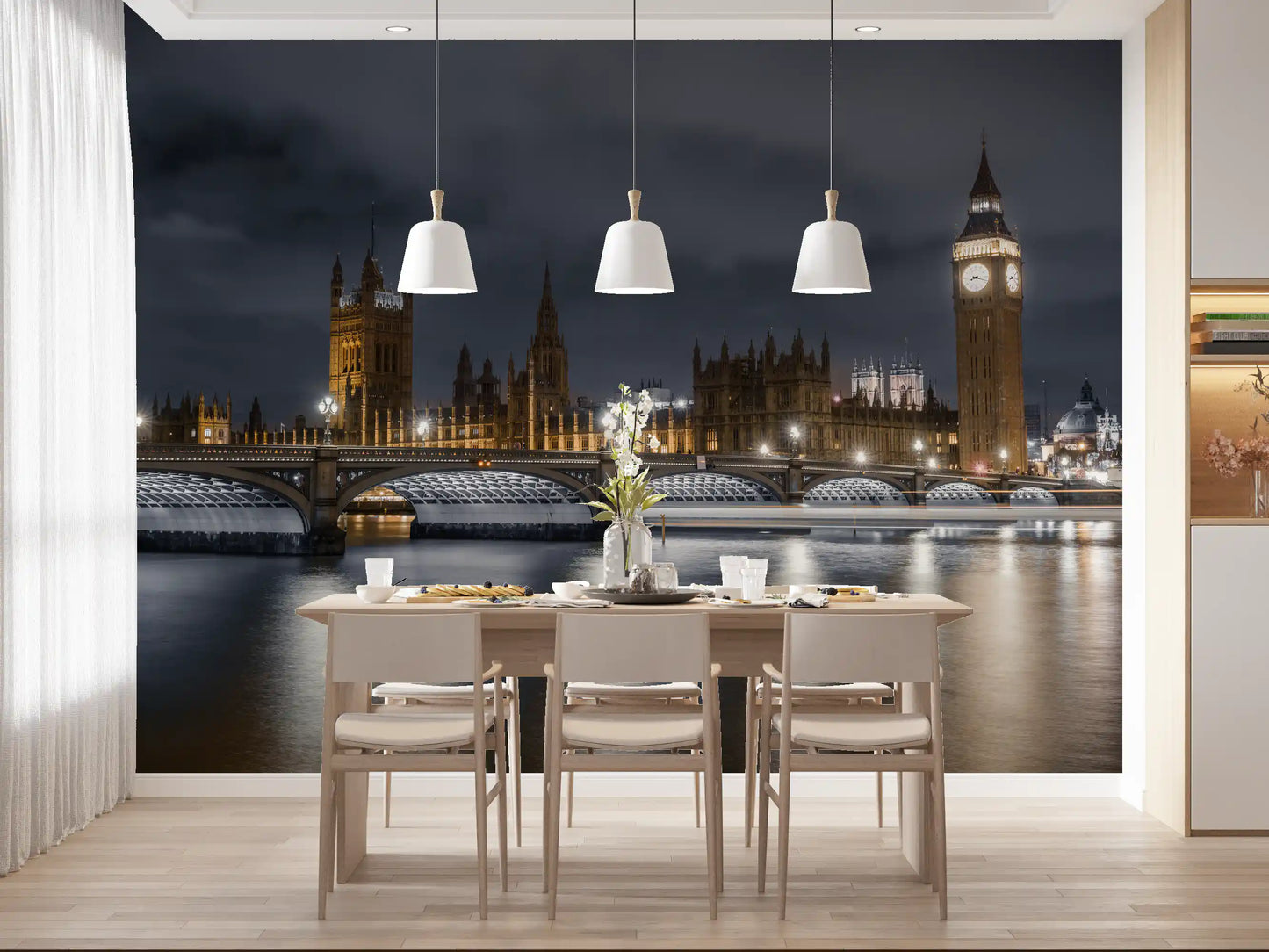 Night cityscape wall mural showing golden-lit Big Ben and Gothic palace spires., GD10460