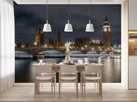 Night cityscape wall mural showing golden-lit Big Ben and Gothic palace spires., GD10460
