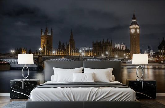London's illuminated majesty mural featured on an bedroom accent wall.