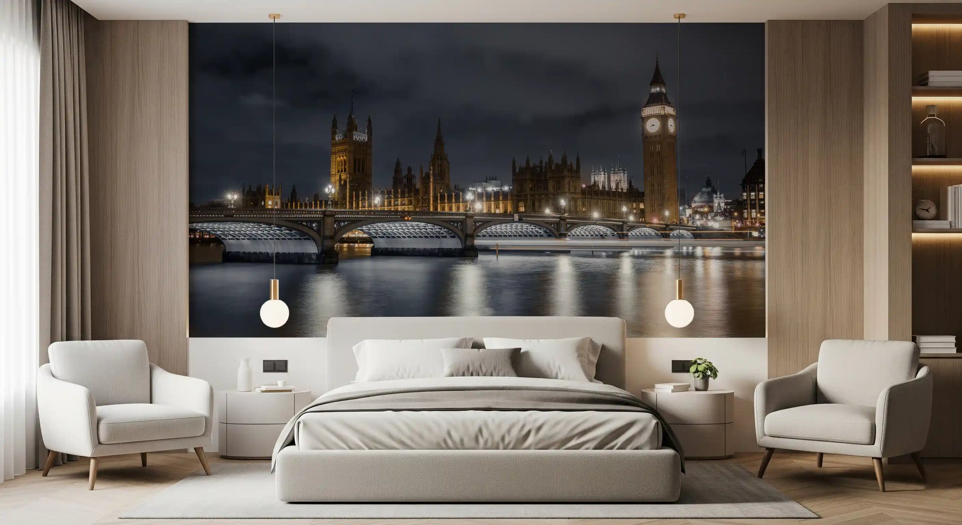 Dark moody sky above Big Ben and bridge in London cityscape wall mural., GD10460