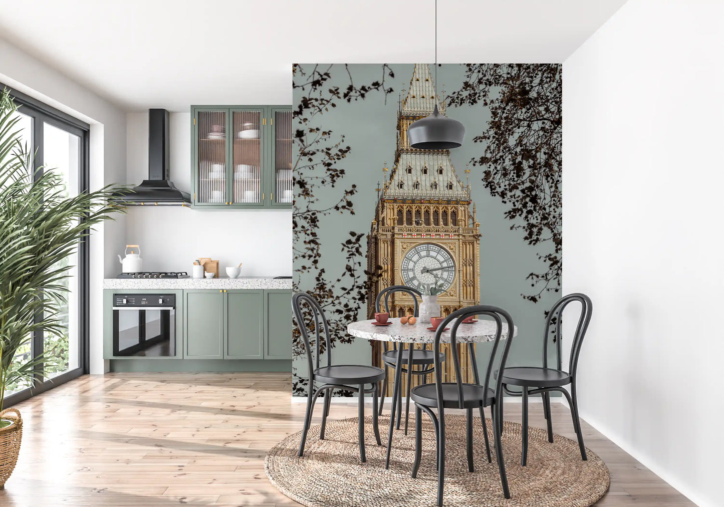 Grand watch mural with Sandy beige Big Ben tower against pale grey sky in dining area., GD10461
