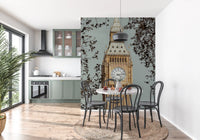 Grand watch mural with Sandy beige Big Ben tower against pale grey sky in dining area., GD10461