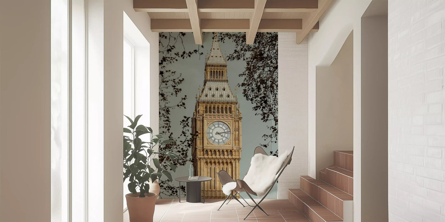 Grand watch mural showing vertical view of Big Ben clock face and Gothic spire., GD10461