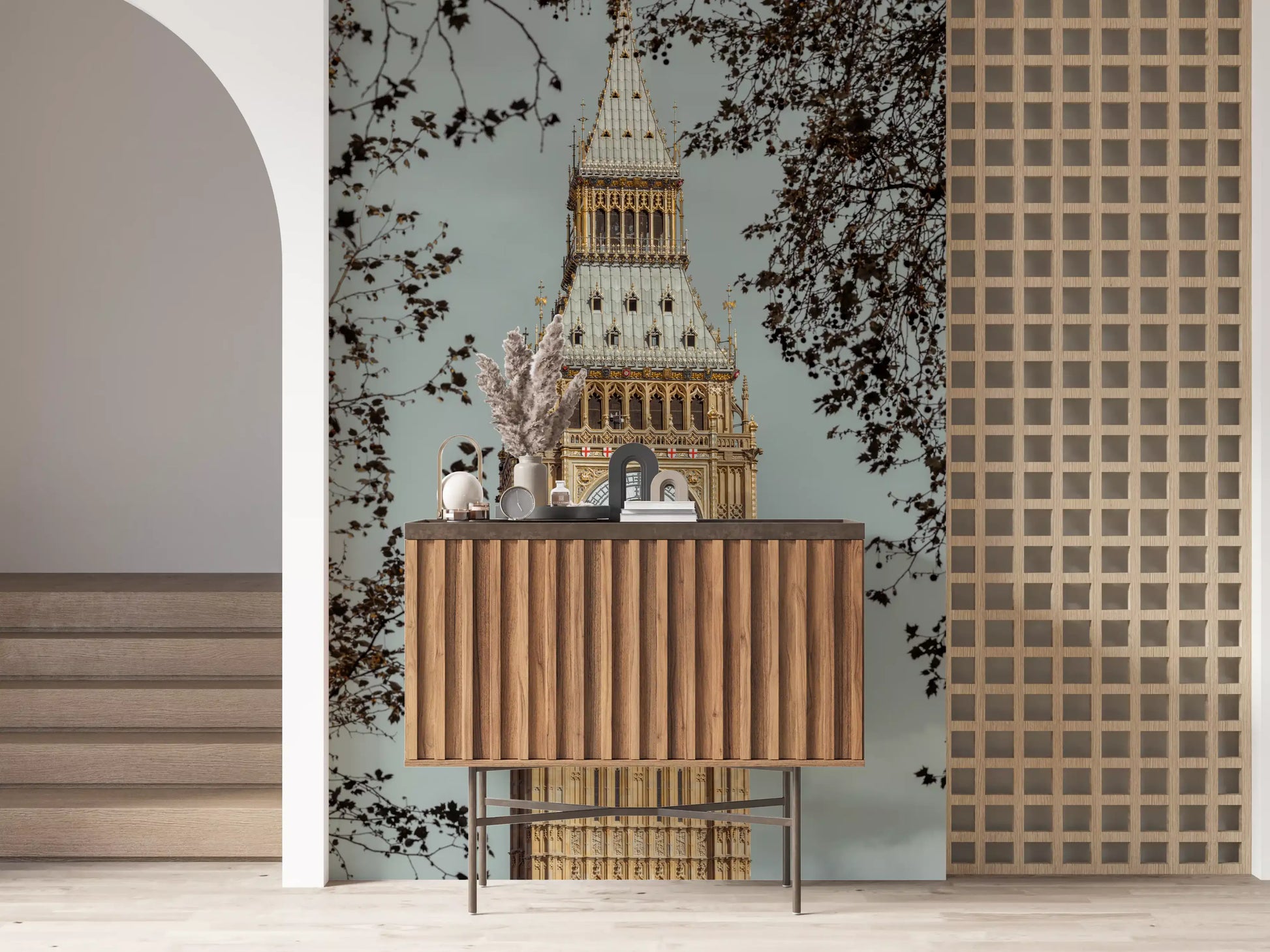 Detailed spire and clock tower stonework in London's grand watch mural., GD10461