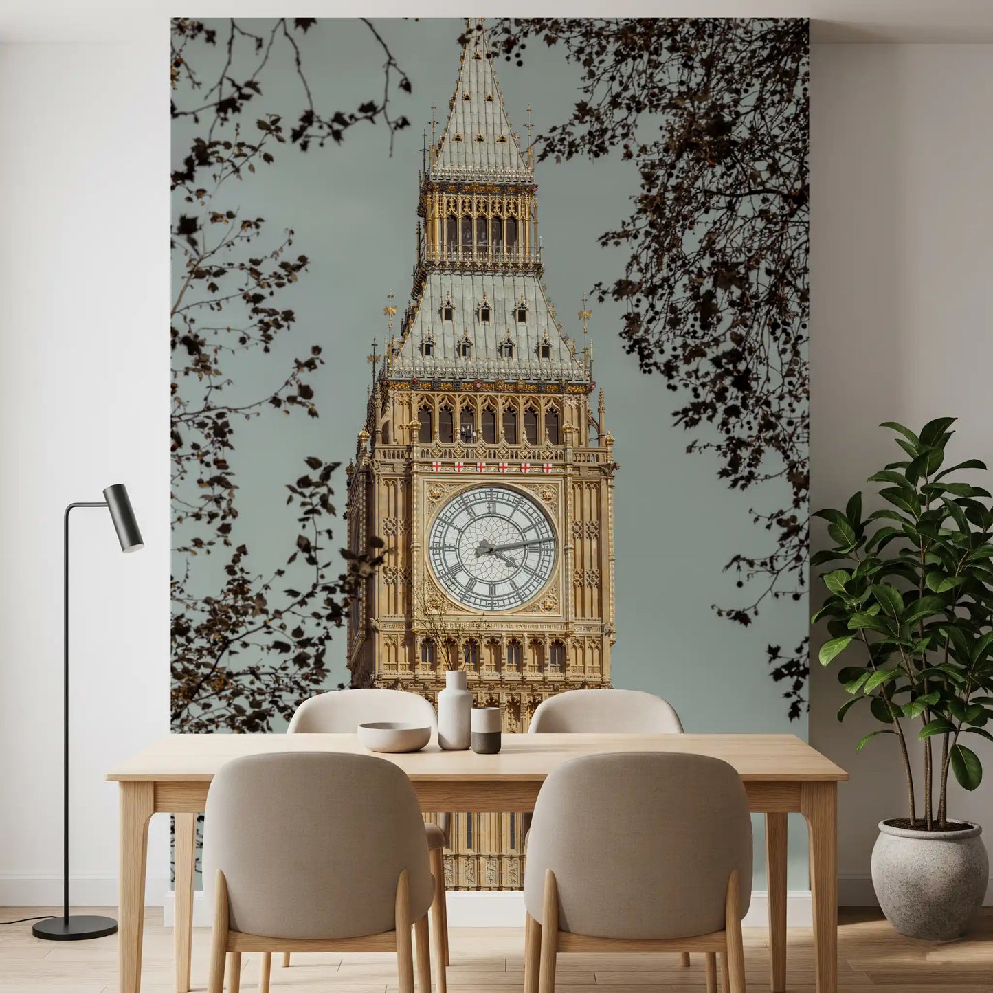 City wall mural with Tree leaves and branches framing golden clock tower in dining room., GD10461