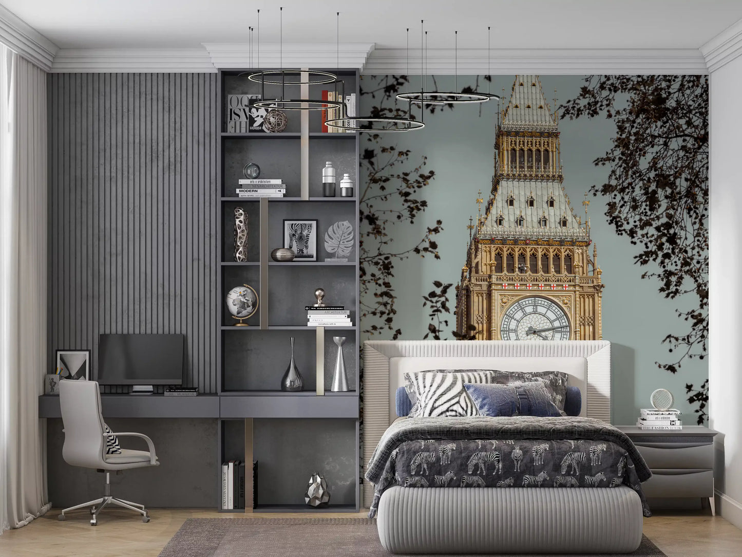 London's grand watch wall mural displayed in an bedroom with trees and branches., GD10461