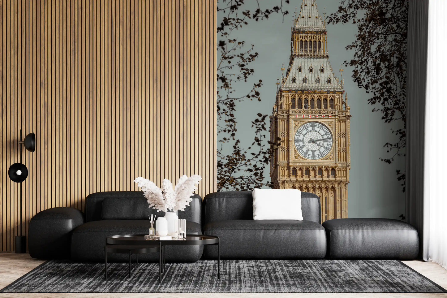 Roman numeral clock face on golden stonework in London wall mural., GD10461