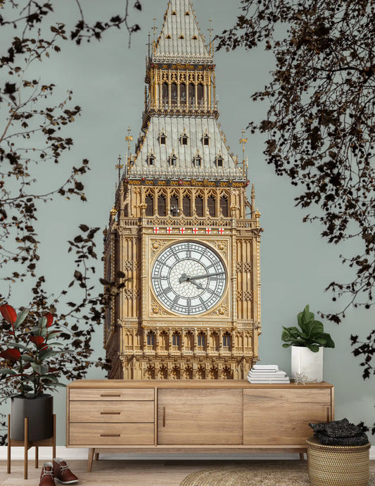 London's grand watch mural featured on a hallway accent wall.