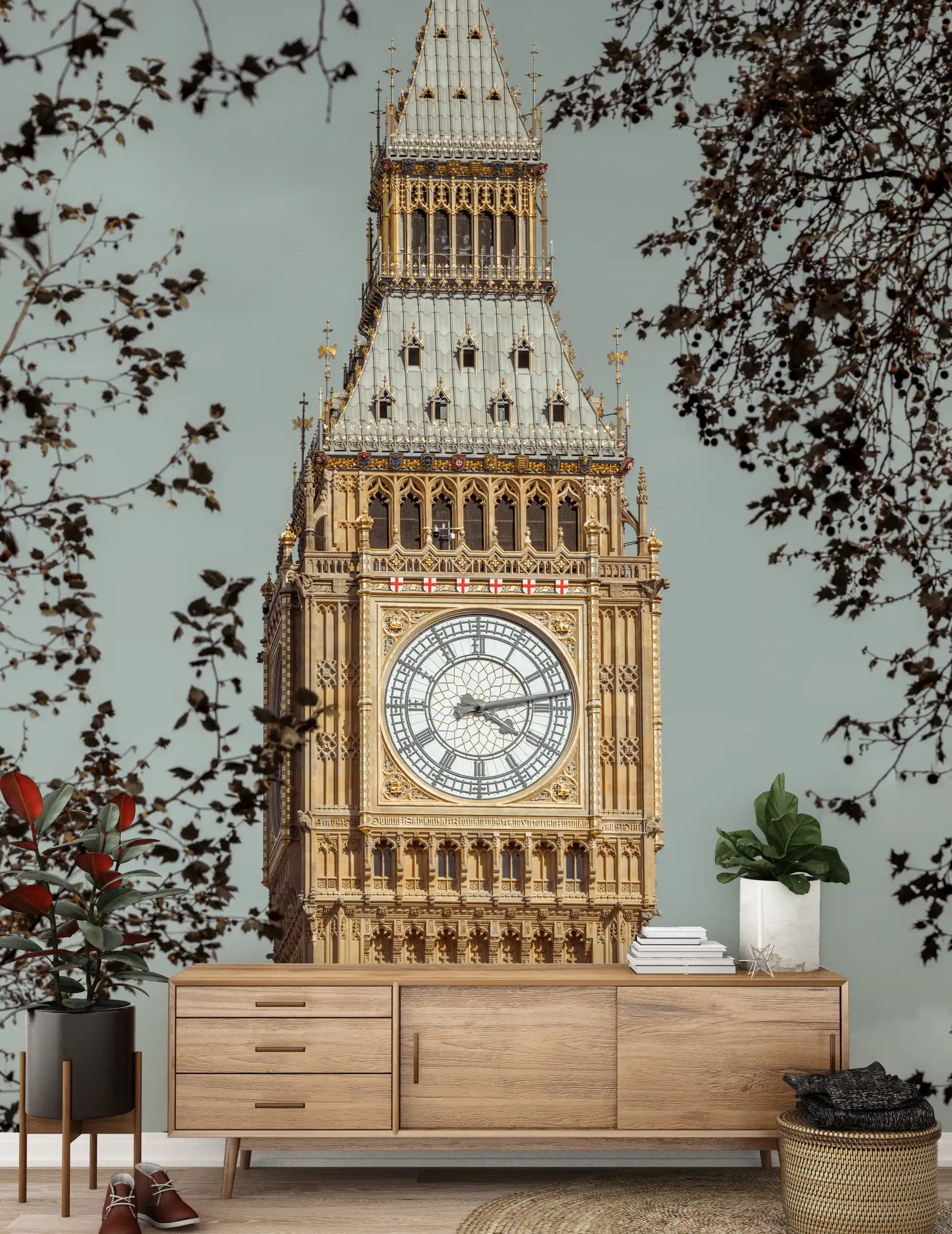 London's grand watch mural featured on a hallway accent wall., GD10461