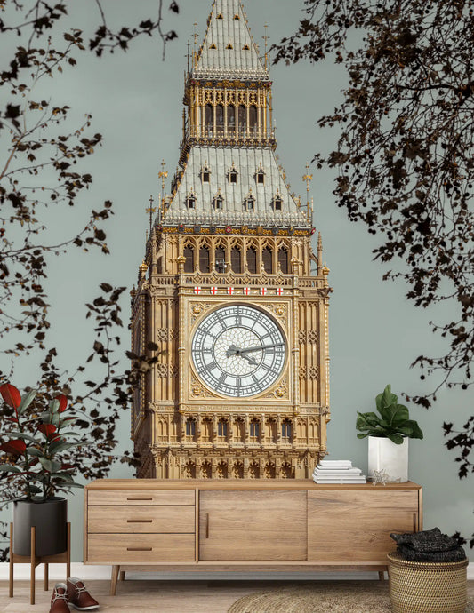London's grand watch mural featured on a hallway accent wall.