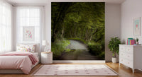 Enchanted forest pathway mural with Twisted tree trunks lining in kids bedroom.