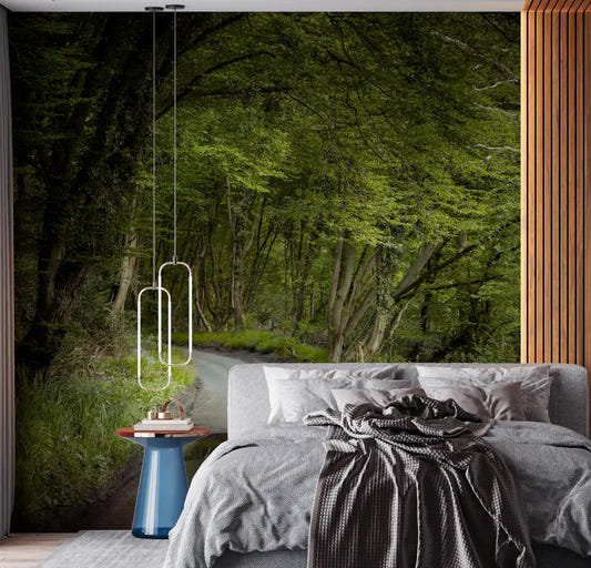 Enchanted forest pathway wall mural displayed in a bedroom setting.