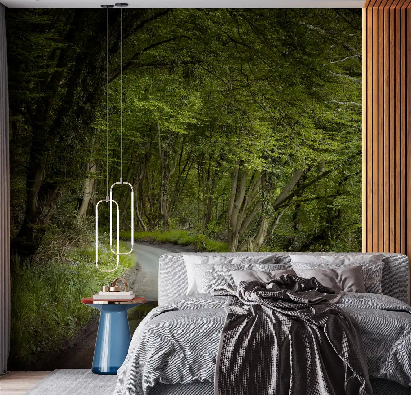 Enchanted forest pathway wall mural displayed in a bedroom setting.