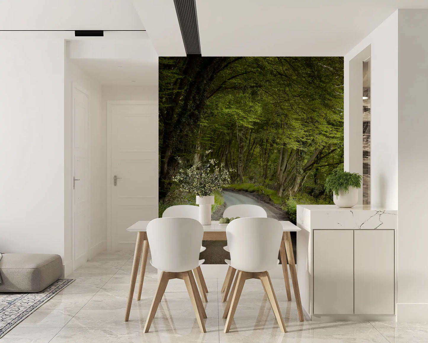 Enchanted forest pathway mural featured on a dining area wall.