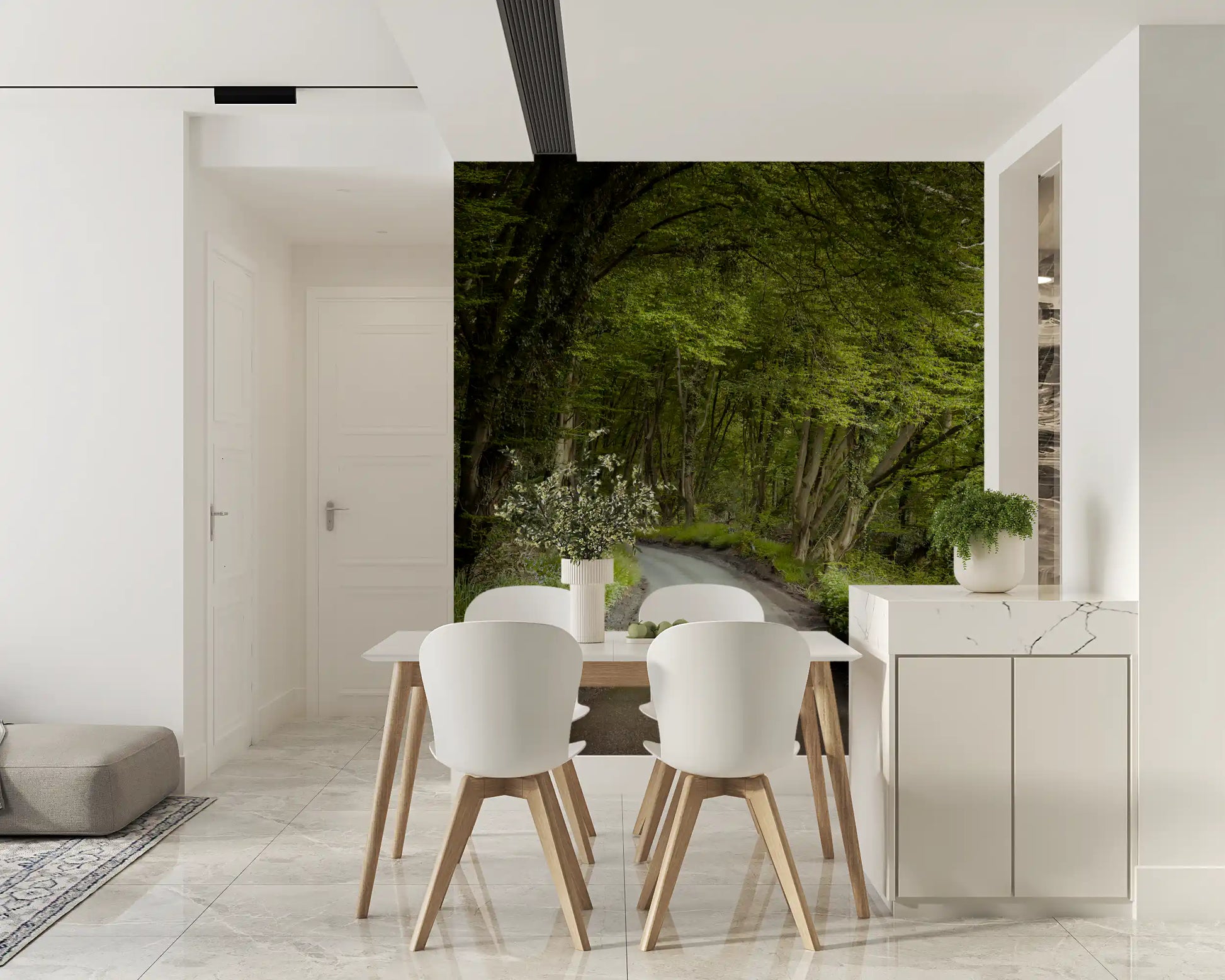 Enchanted forest pathway mural featured on a dining area wall.