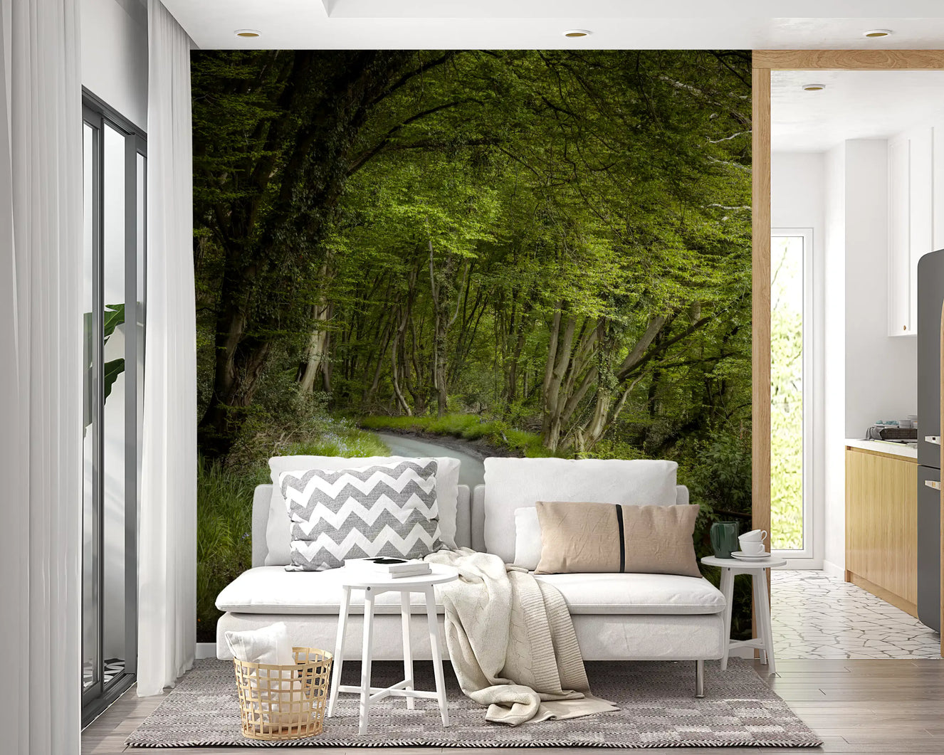 Moss and ferns along the road edge in green forest canopy wall mural.