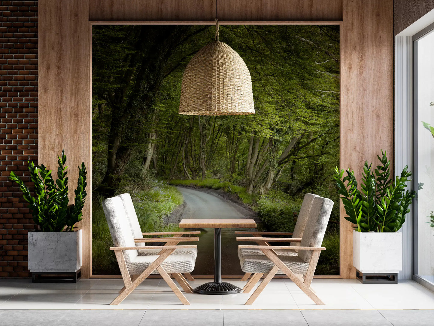 Forest pathway wall mural with Wet road with puddle reflecting greenery