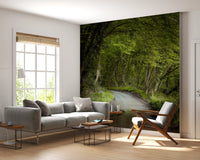 Bright lime-green leaves filtering light in enchanted forest wall mural.