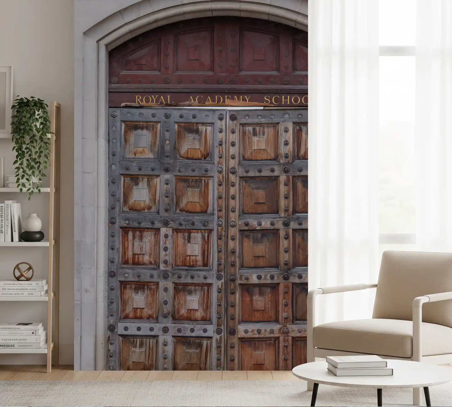 Academy portal wall mural with ornamental rosette medallions above arched doorway., GD10463