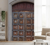 Academy portal wall mural with ornamental rosette medallions above arched doorway., GD10463
