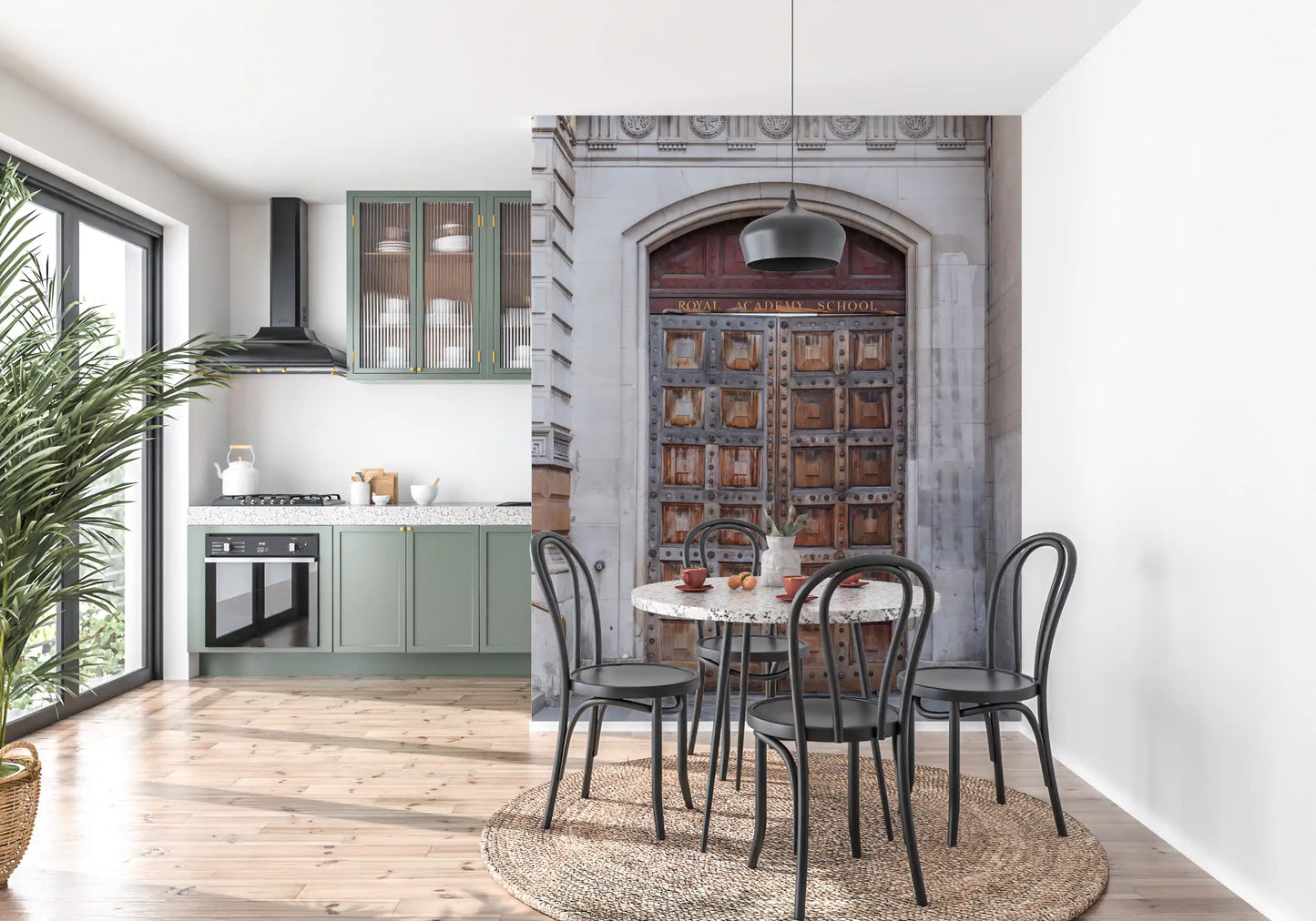 Historic academy portal wall mural displayed in a dining room space., GD10463