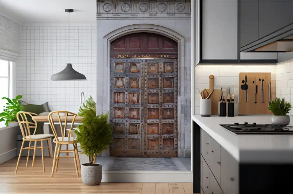 Architectural doorway wall mural with Square panelled woodwork in kitchen., GD10463