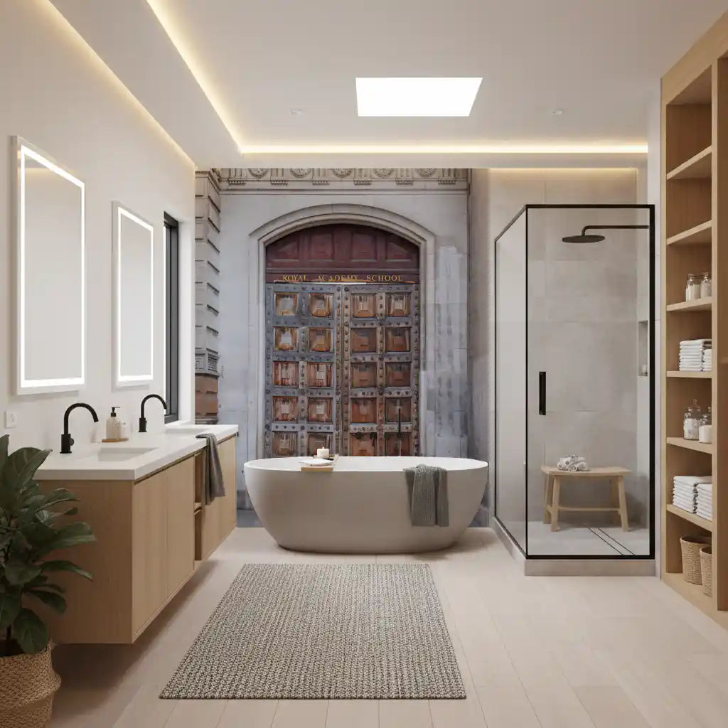 Portal wall mural with Warm brown and copper wood patina on panelled doors in bathroom., GD10463