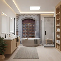 Portal wall mural with Warm brown and copper wood patina on panelled doors in bathroom., GD10463