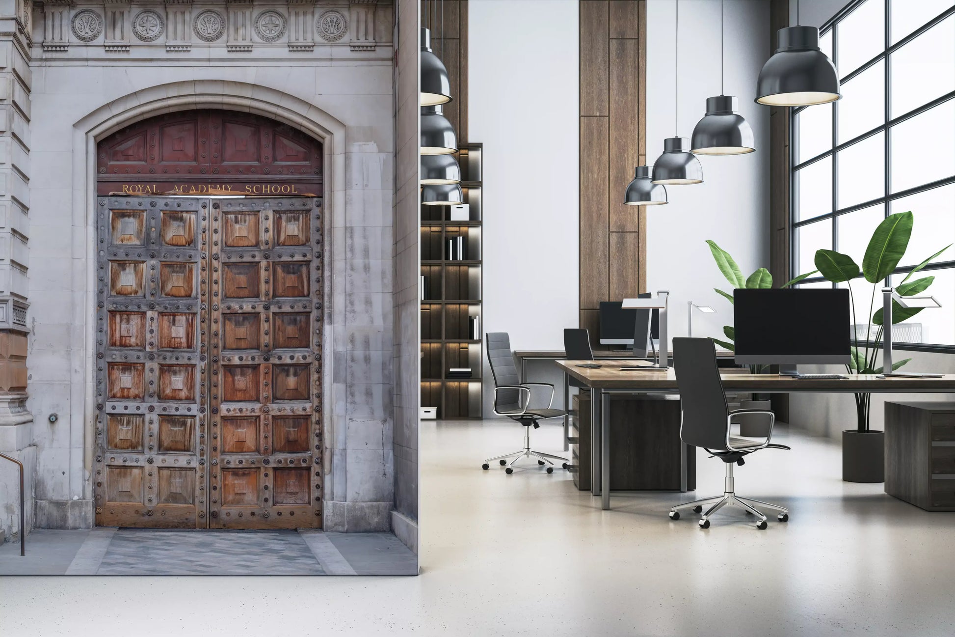 Academy portal mural with Iron-riveted square wood panels on massive doors in office., GD10463