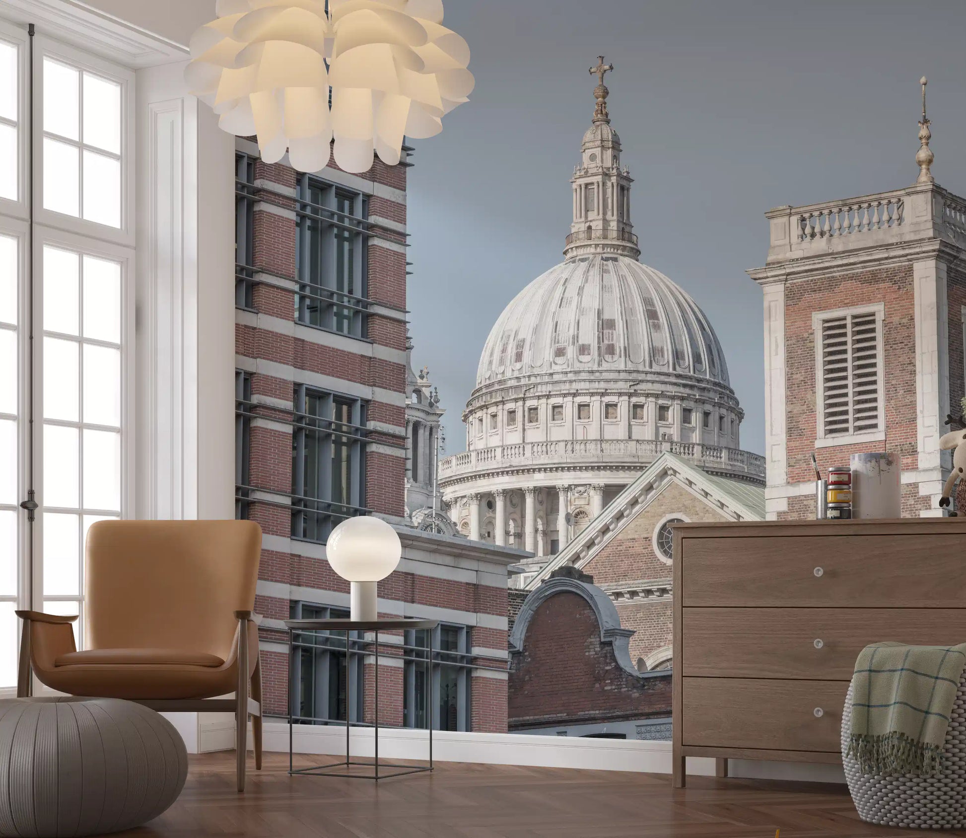 Pale grey sky backdrop on London's Majestic Dome wall mural., GD10464
