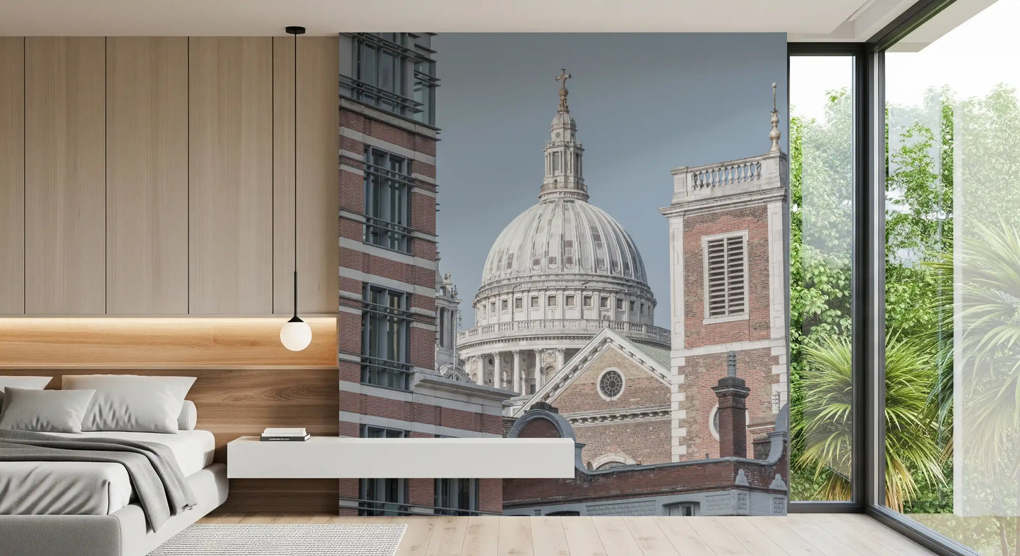 Cathedral dome wall mural with Stone columns and balustrade and london cityscape., GD10464