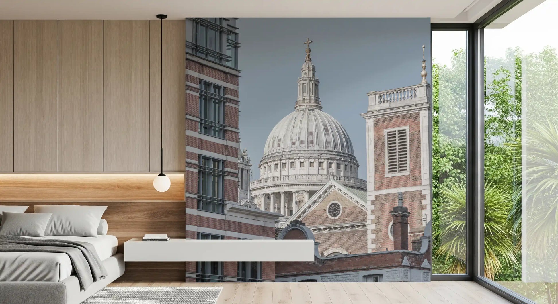 Cathedral dome wall mural with Stone columns and balustrade and london cityscape., GD10464