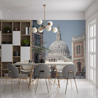 Cathedral dome with ornate cross spire on London's Majestic Dome mural in dining area., GD10464