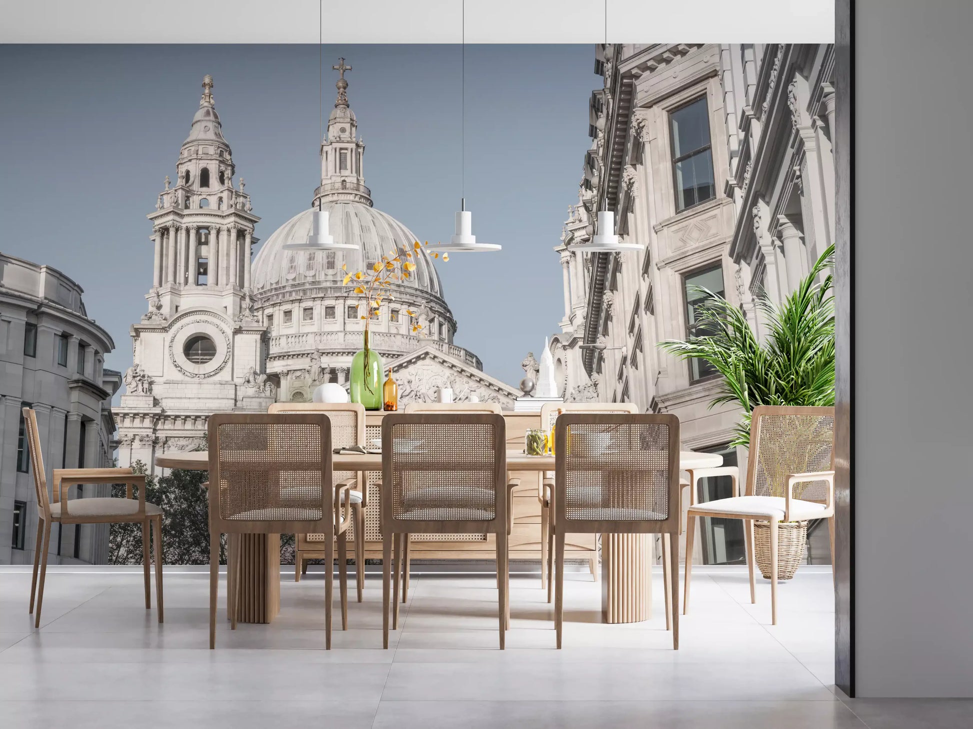 Timeless Grandeur St Paul's dome mural in dining room with green trees., GD10465