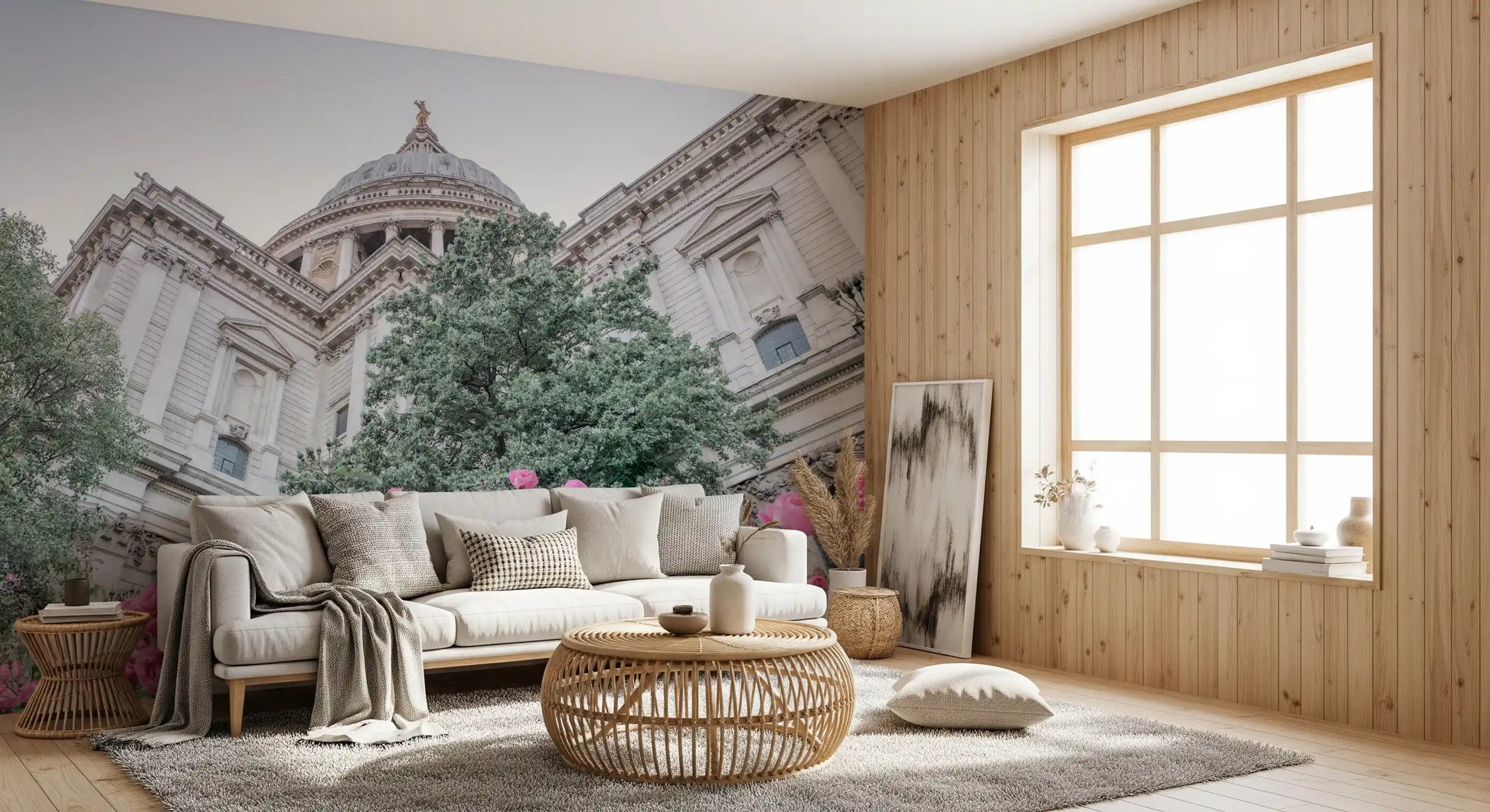  Rose Vista wall mural with Green tree canopy beside dome., GD10466