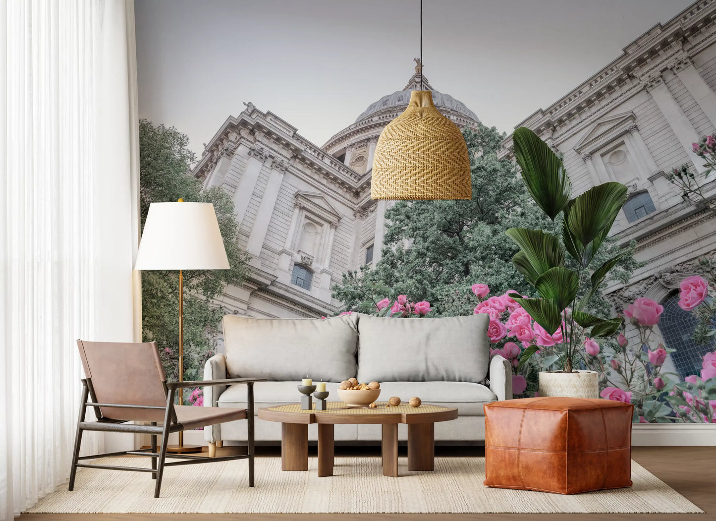 Living room wall mural showing Soft pink and stone grey tone rose garden., GD10466