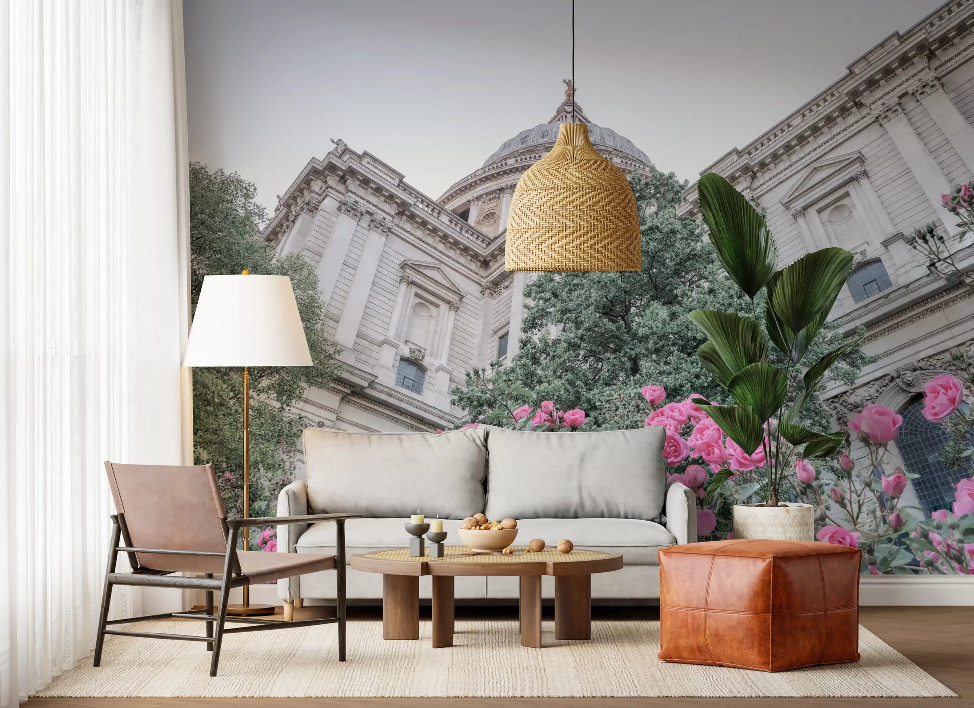 Living room wall mural showing Soft pink and stone grey tone rose garden., GD10466