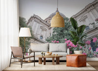 Living room wall mural showing Soft pink and stone grey tone rose garden., GD10466