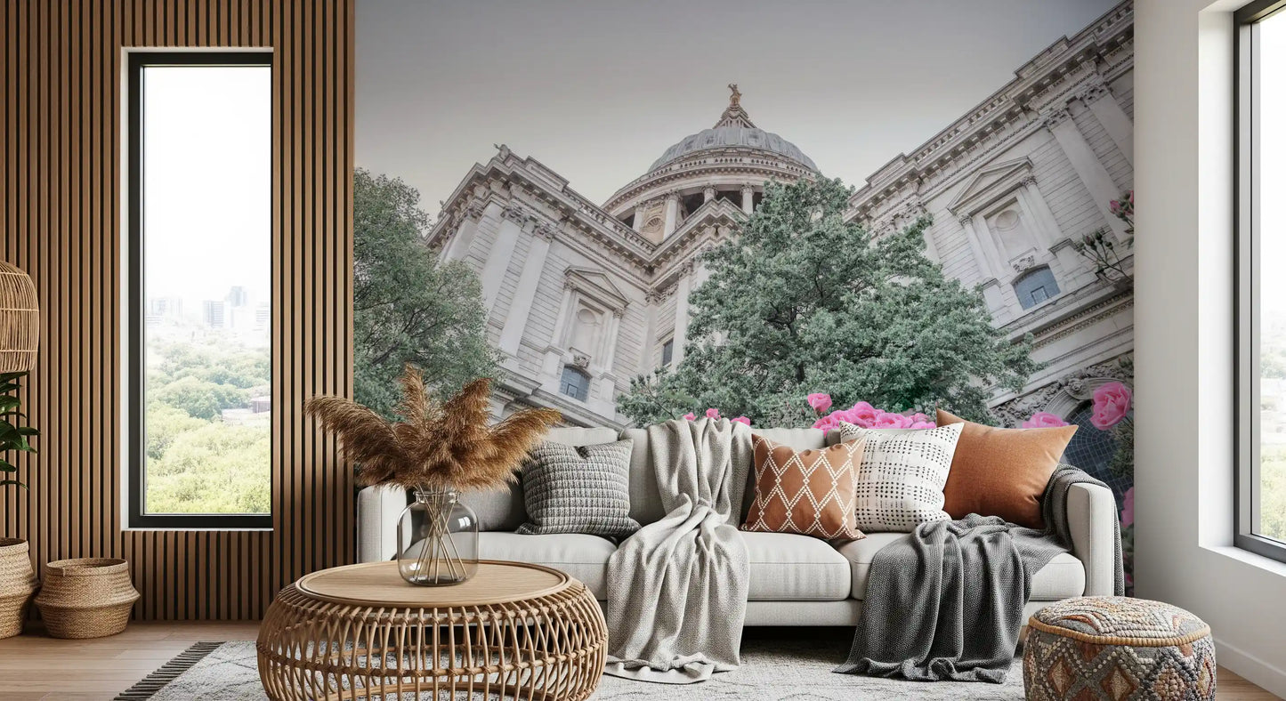 Living room wall with St. Paul's Rose Garden mural and cathedral dome., GD10466