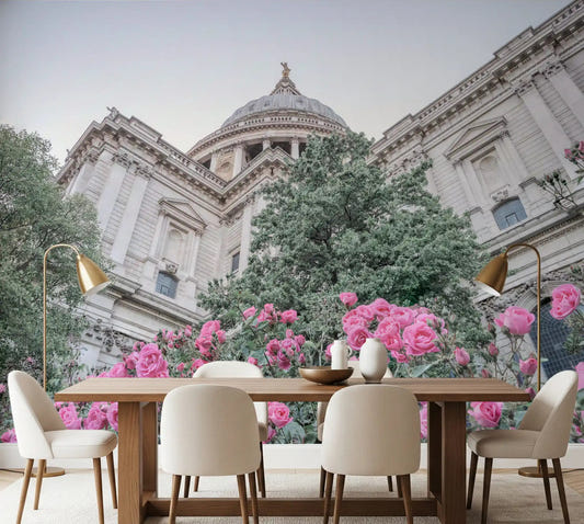 St. Paul's Rose Garden Vista wall mural in a dining room with pink and grey tone.