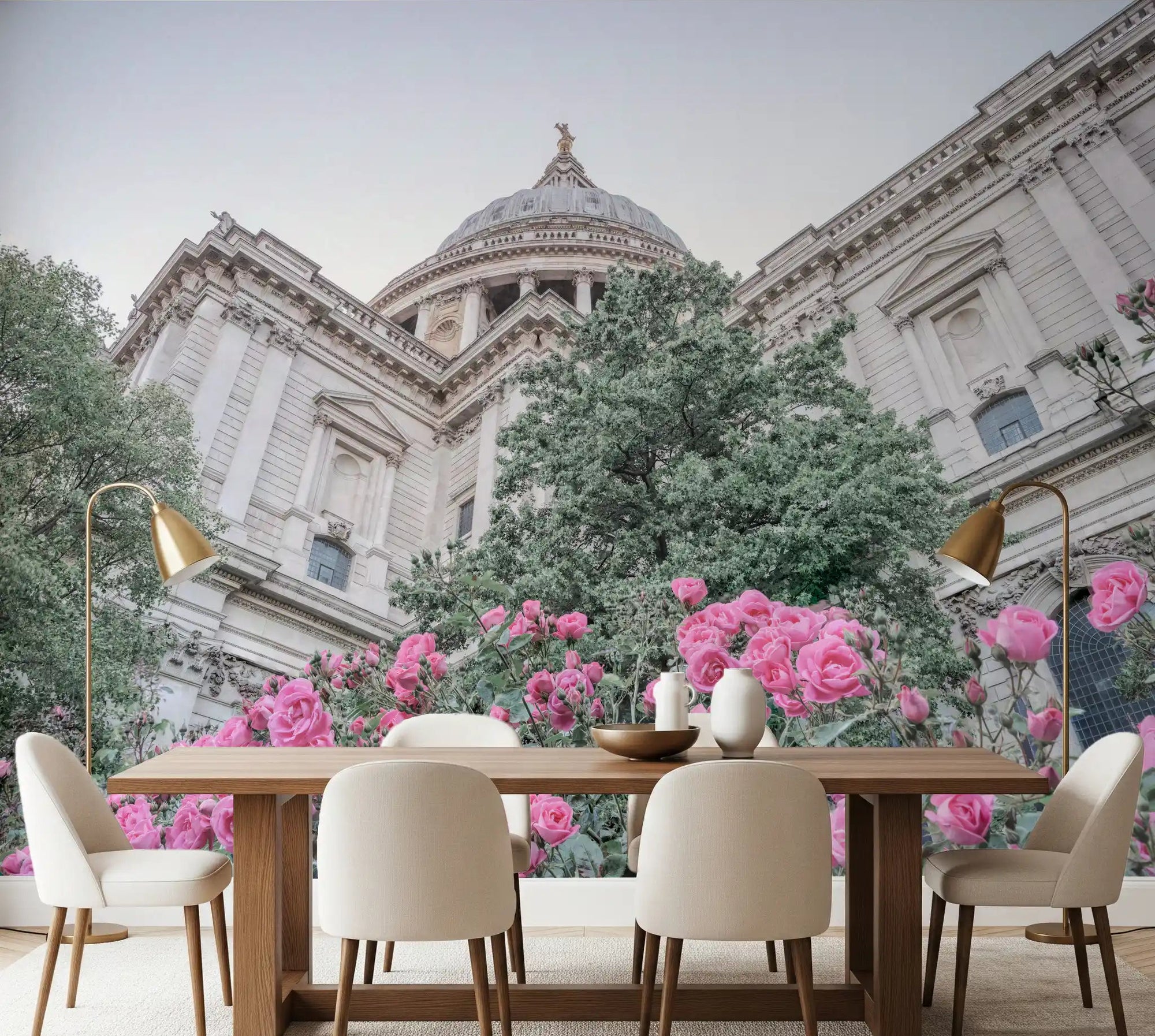 St. Paul's Rose Garden Vista wall mural in a dining room with pink and grey tone., GD10466